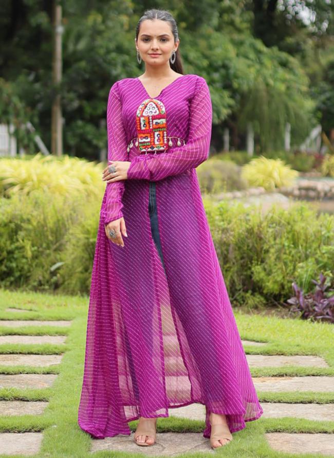 Georgette Purple Navratri Wear Leheriya Print Readymade Kurti